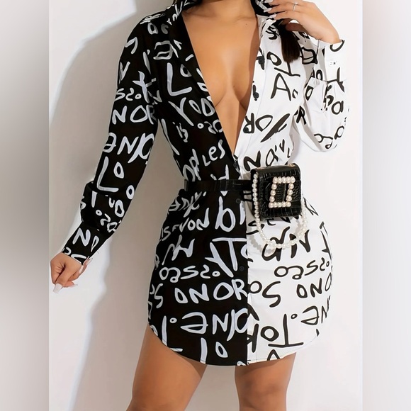 Black & White Graphic Print Shirt Dress – Long Sleeve Mini (Belt Not Included) - Picture 1 of 4